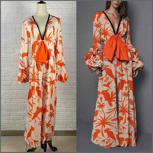 OC Order Womens S Poet Sleeve Bird Print Jumpsuit Deep Neck Wide Leg Resort Wear